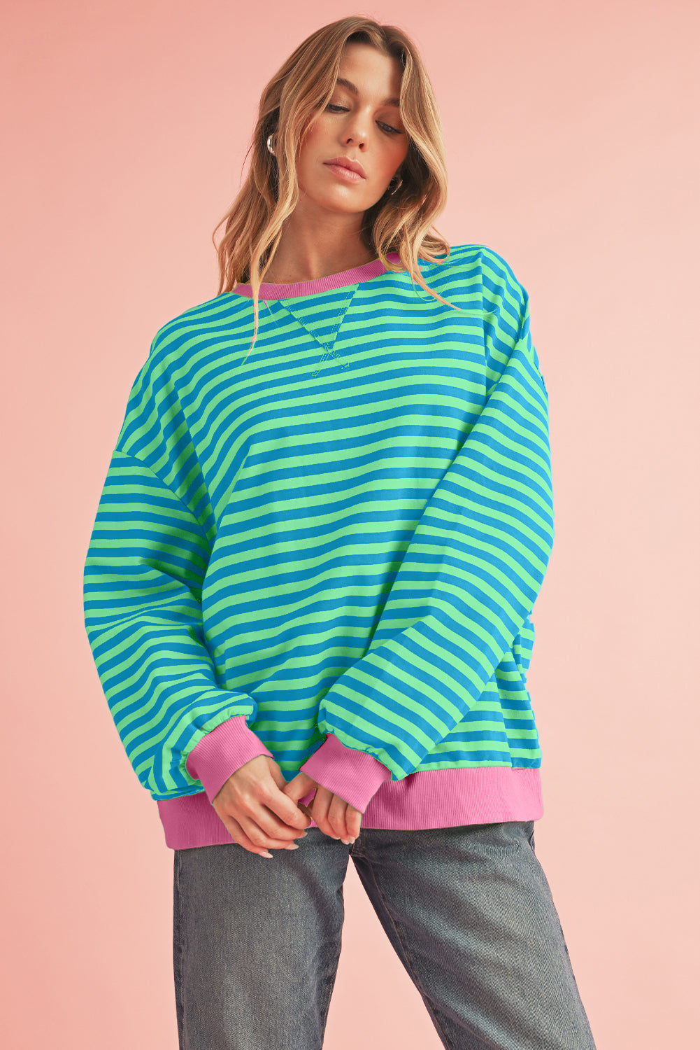 Blue Stripe Contrast Edge Cross Seam Oversized Pullover