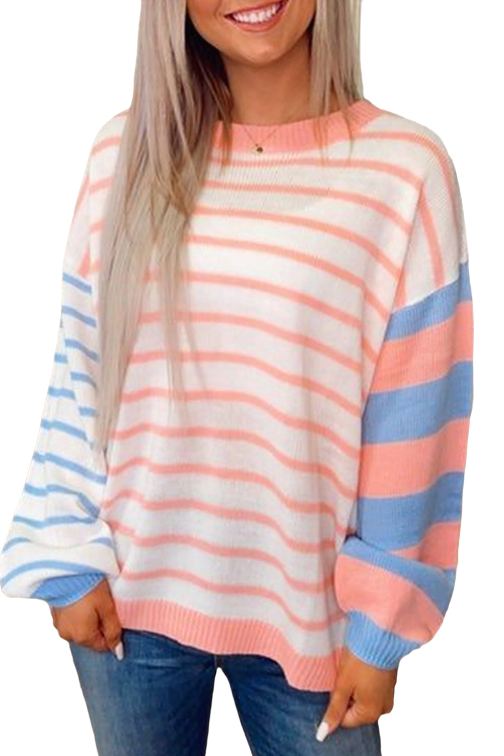 Pale Chestnut Striped Colorblock Pullover Sweater