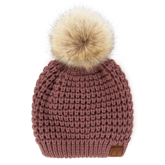CC Cable Knit Faux Fur Pom Pom Beanie Hat