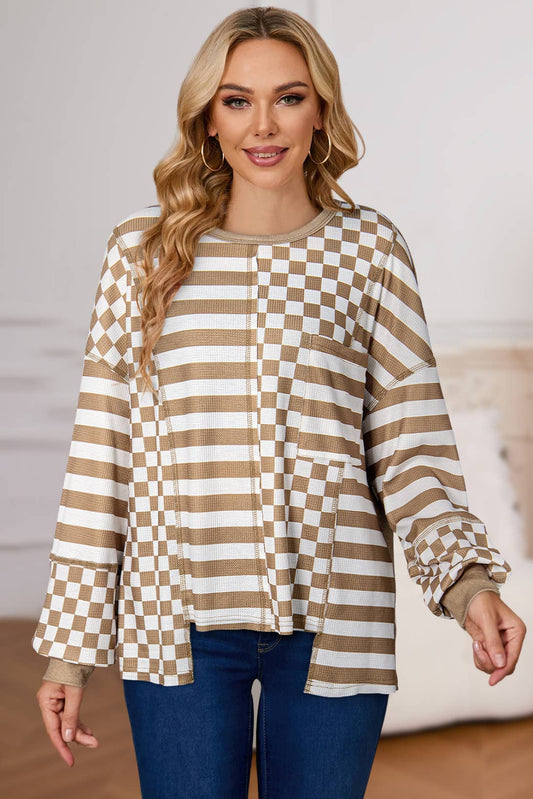 Checkered Striped Puff Long Sleeve Top