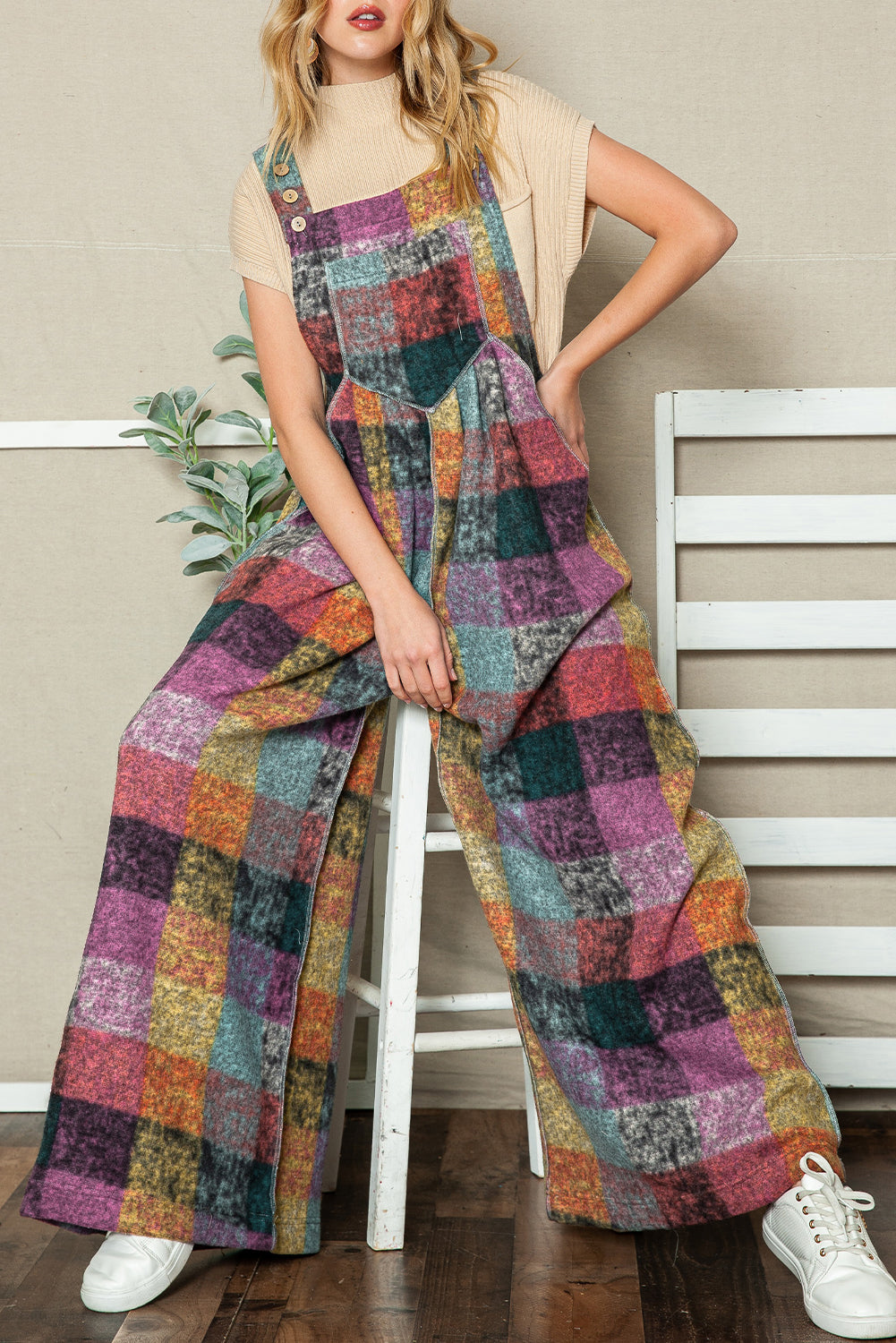 Multicolor Brushed Checked Pockets Pleated Wide Leg Overall