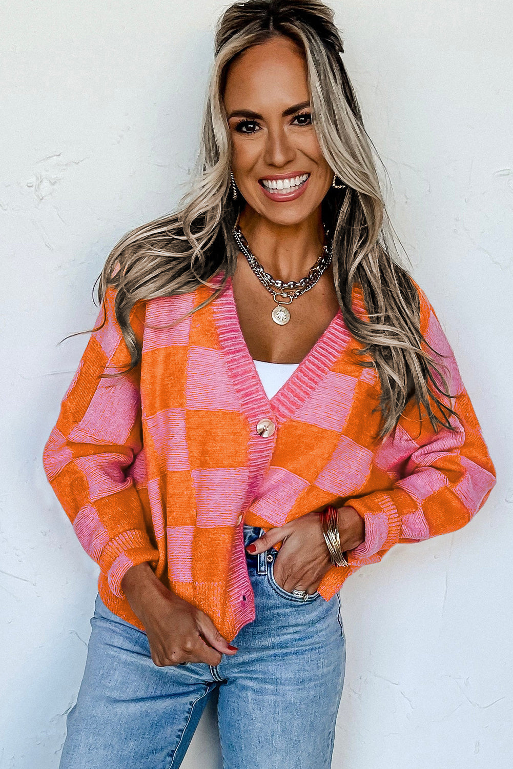 Pink Checkered Drop Shoulder Buttoned V Neck Cardigan