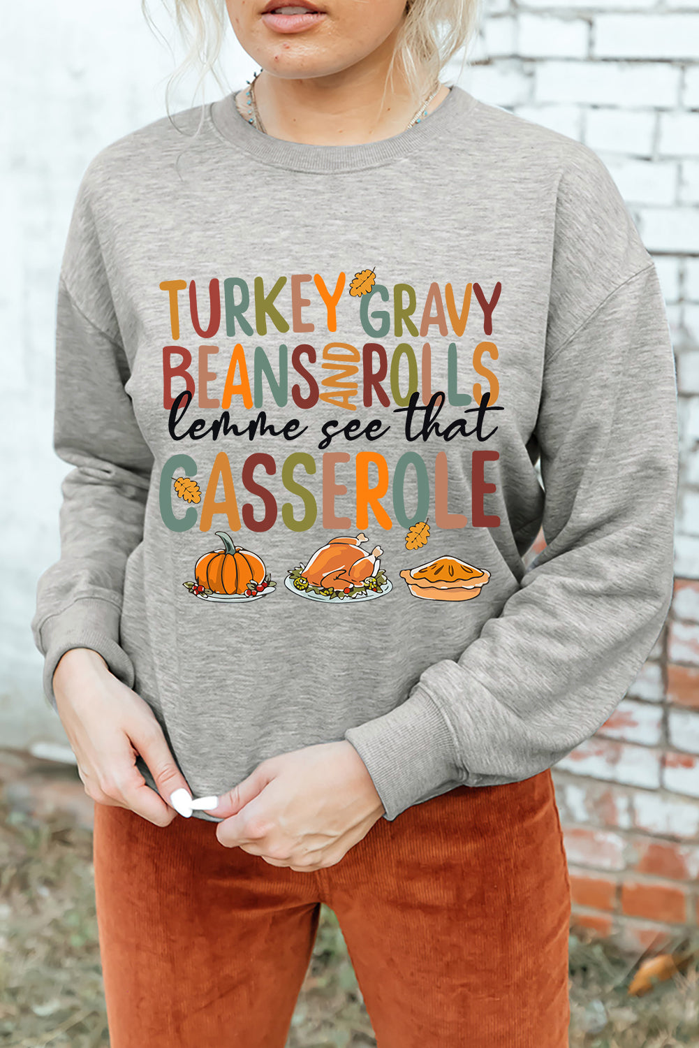 Gray Thanksgiving Slogan Pumpkin Turkey Pie Graphic Sweatshirt