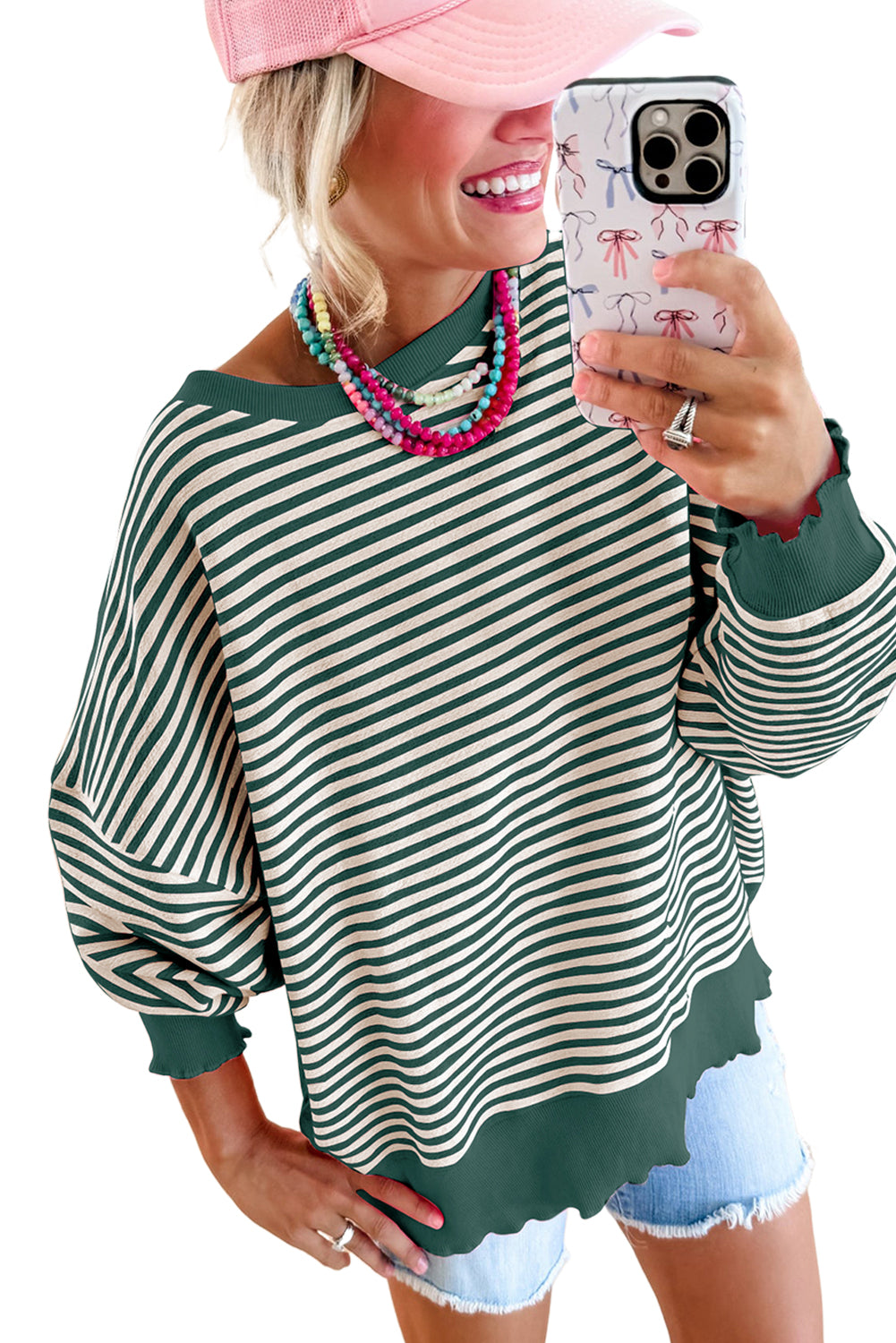 Green Stripe Drop Shoulder Long Sleeve Top