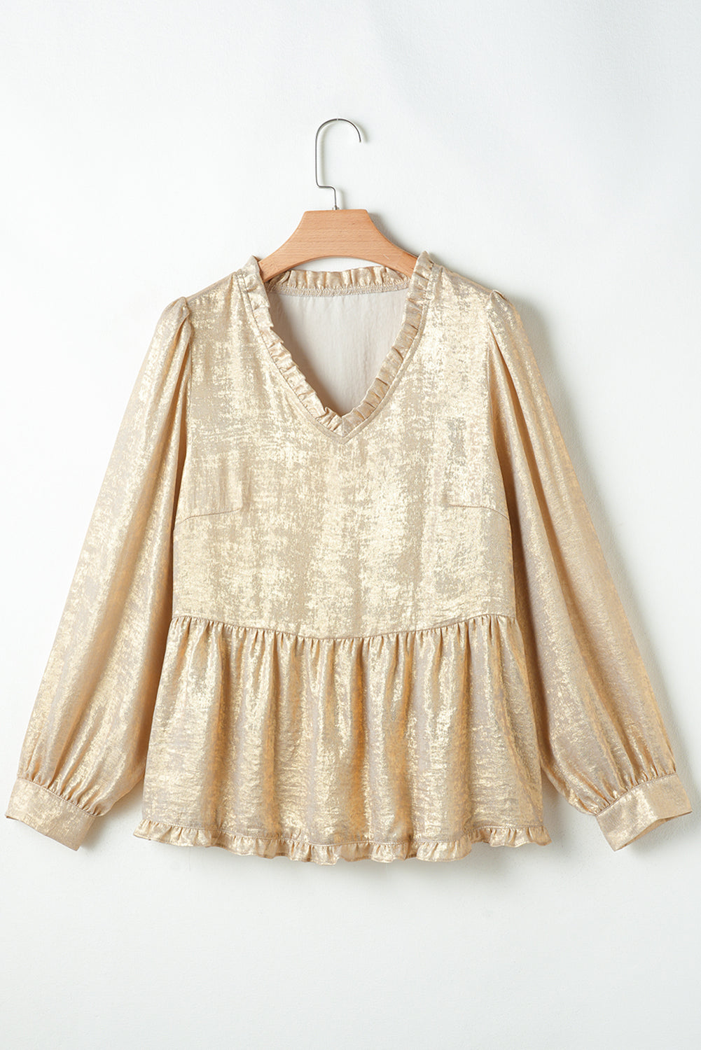 Gold Metallic Velvet Frill V Neck Puff Sleeve Babydoll Blouse