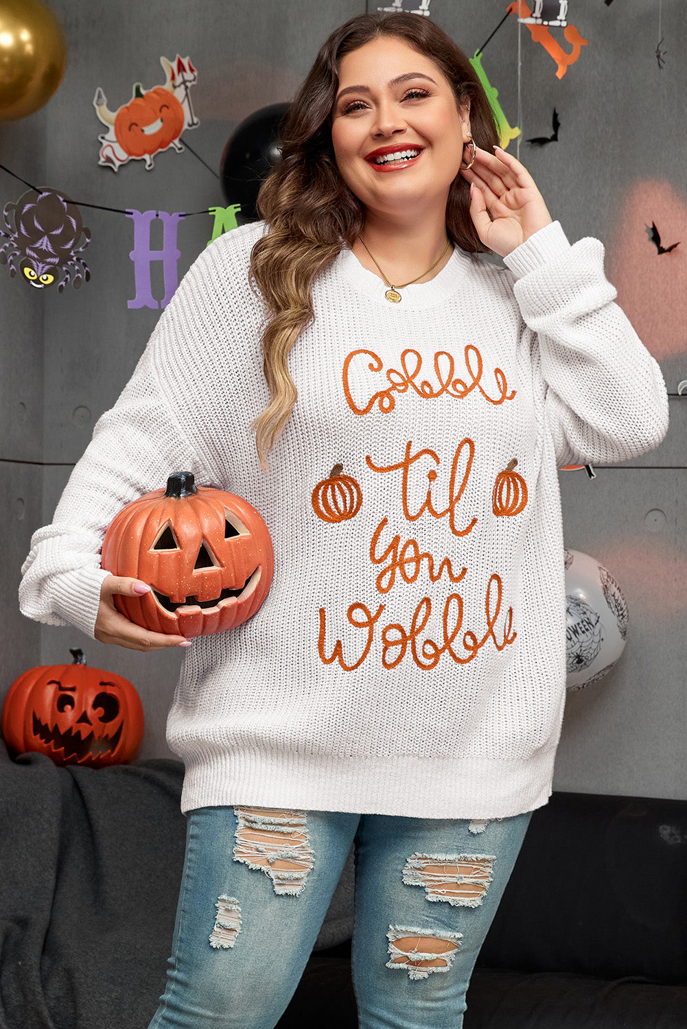 White Gobble Til You Wobble Pop Up Crochet Plus Size Sweater