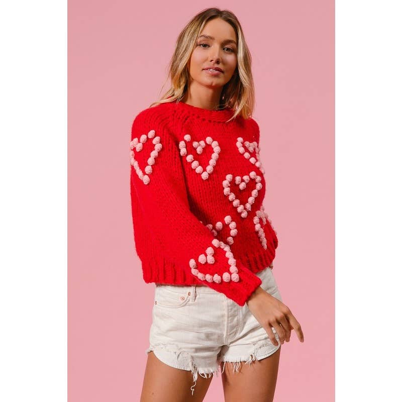 POM POM HEART TEXTUREED VALENTINE SWEATER