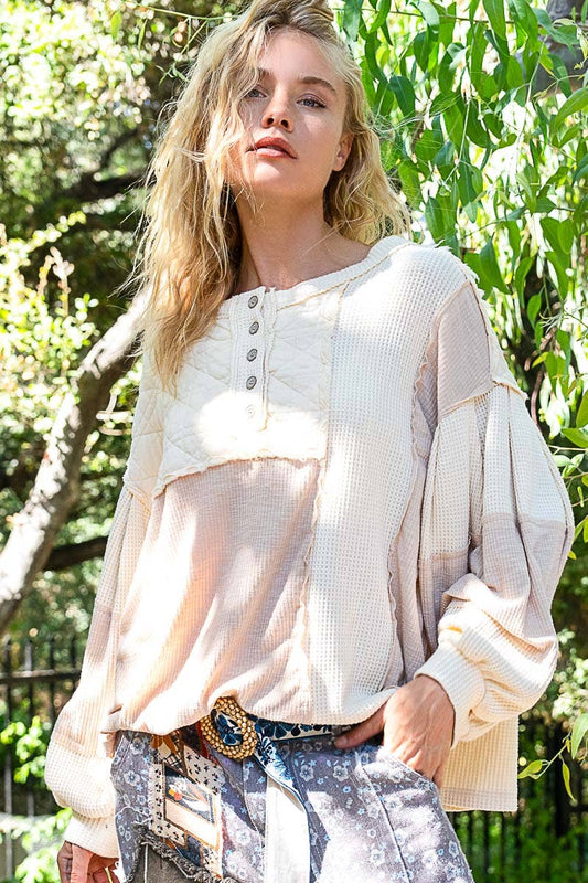 Round Neck Balloon Sleeve Thermal Contrast Knit Top
