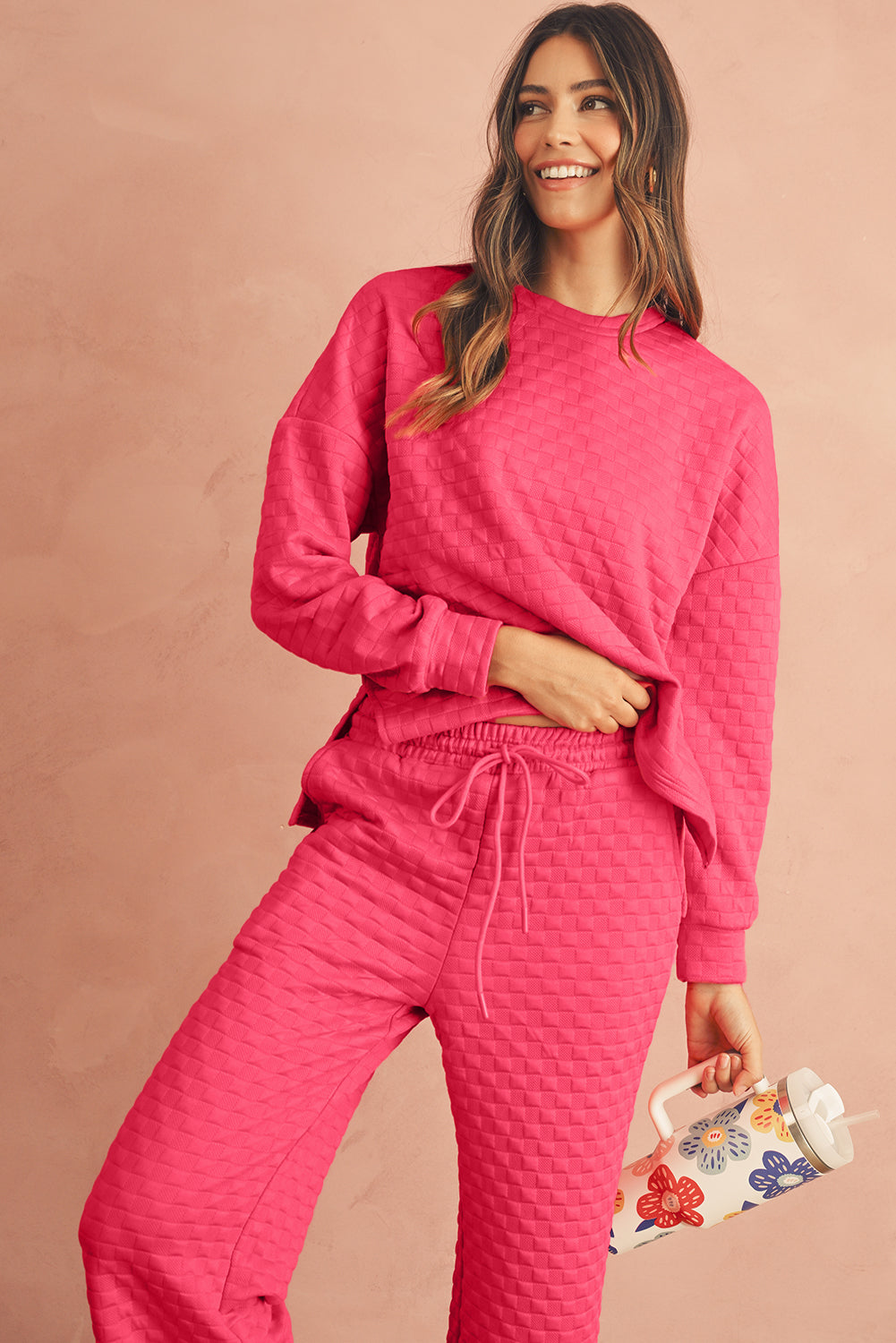 Strawberry Pink Checkered Textured Split Pullover Top and Pants Set