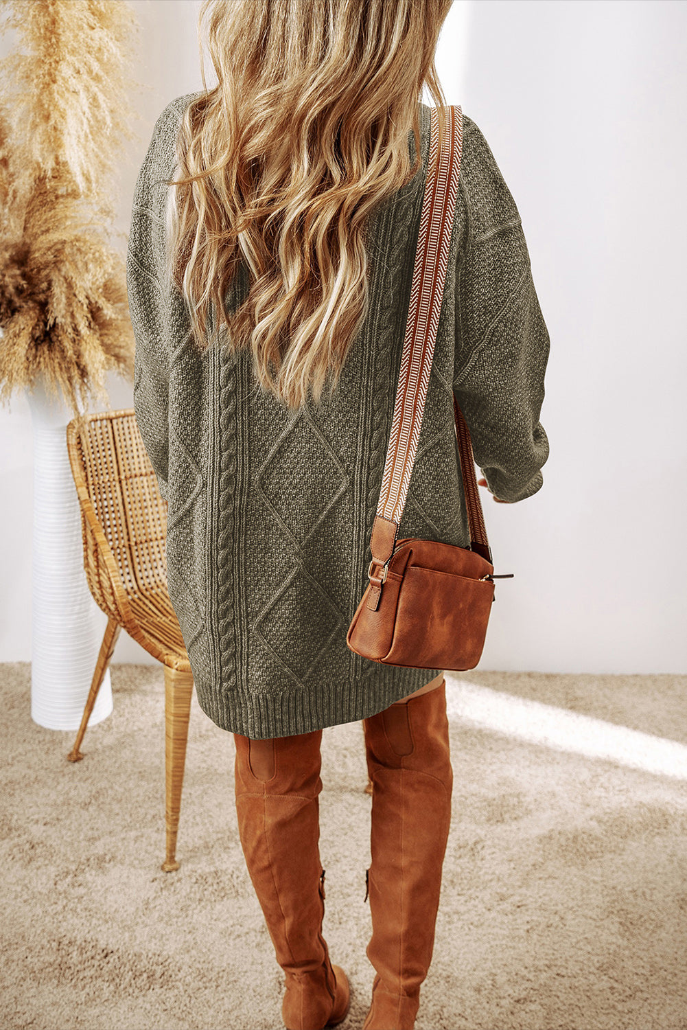 Coffee Twist Cable Knit Drop Shoulder Loose Fit Sweater Dress