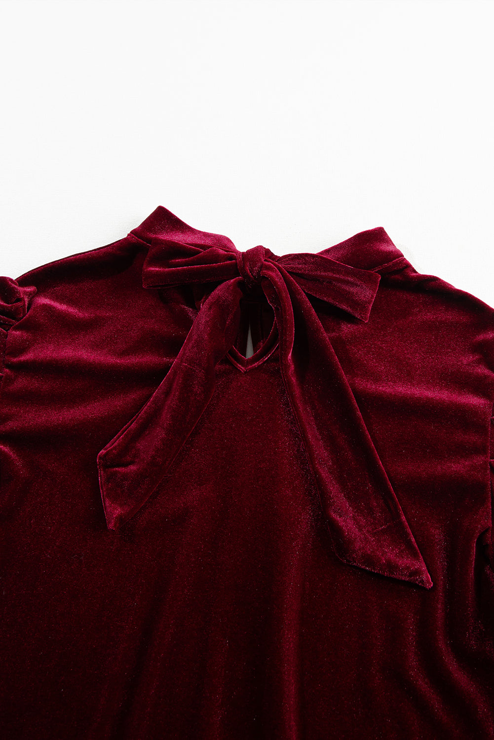 Red Mock Keyhole Neck Puff Sleeve Velvet Blouse