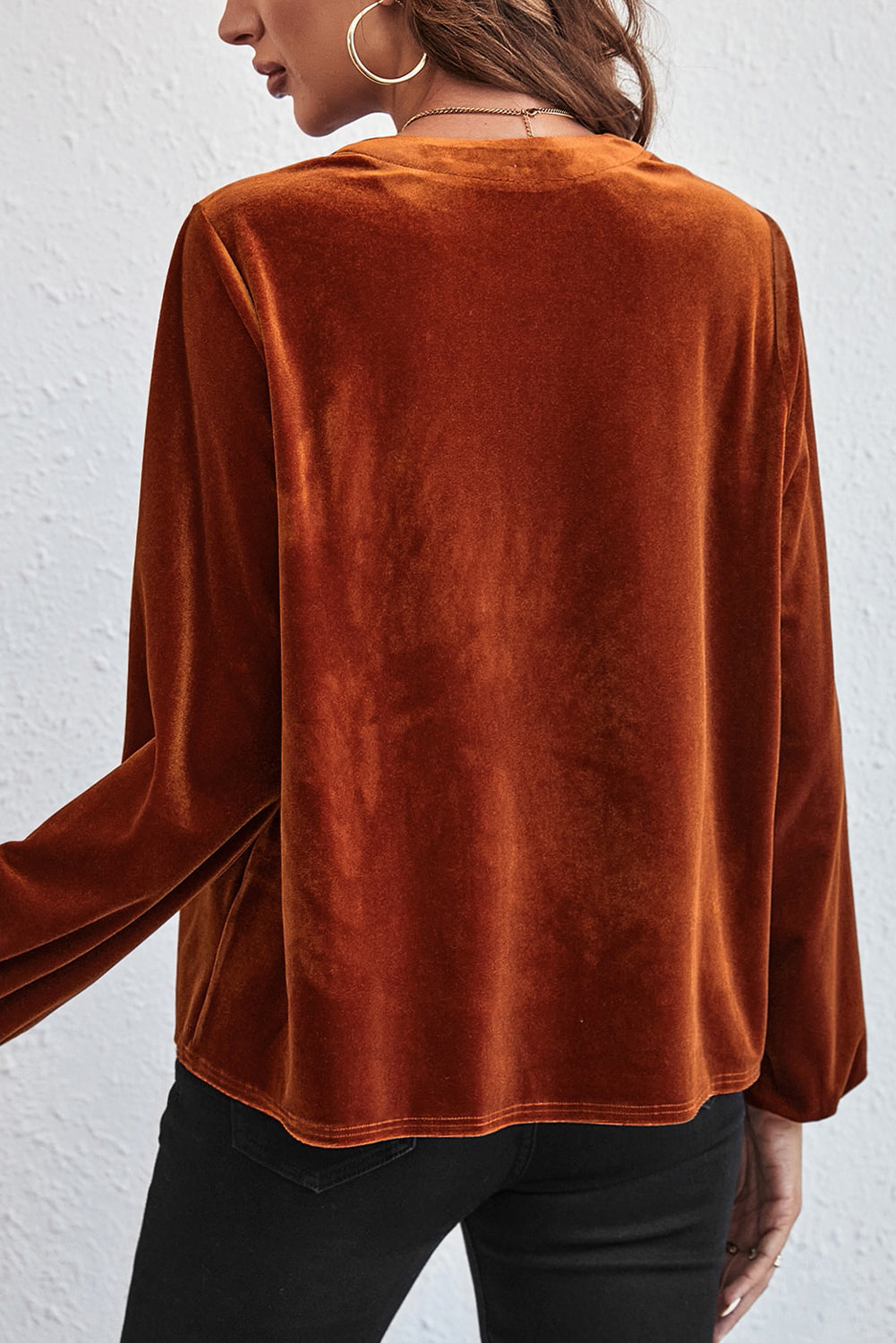 Gold Flame Velvet Beaded V Neck Lantern Sleeve Top