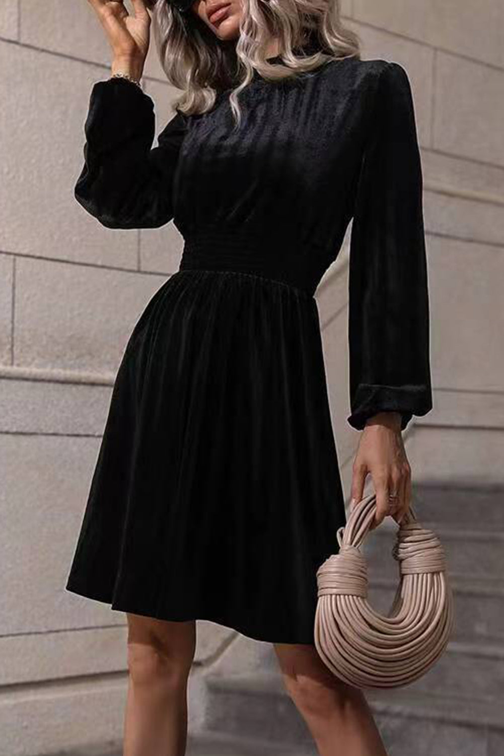 Black Collar Solid Color Velvet Long Sleeve Dress