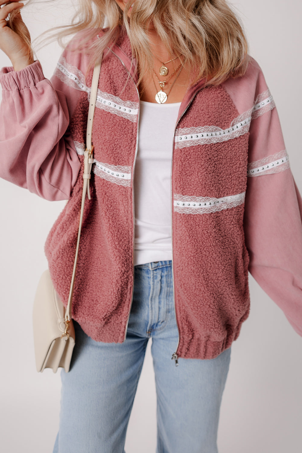 Rose Pink Sherpa Patchwork Lace Elastic Cuff Zip Up Jacket