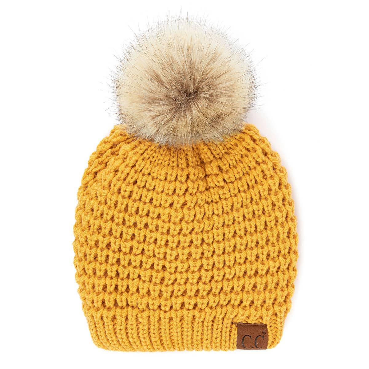CC Cable Knit Faux Fur Pom Pom Beanie Hat