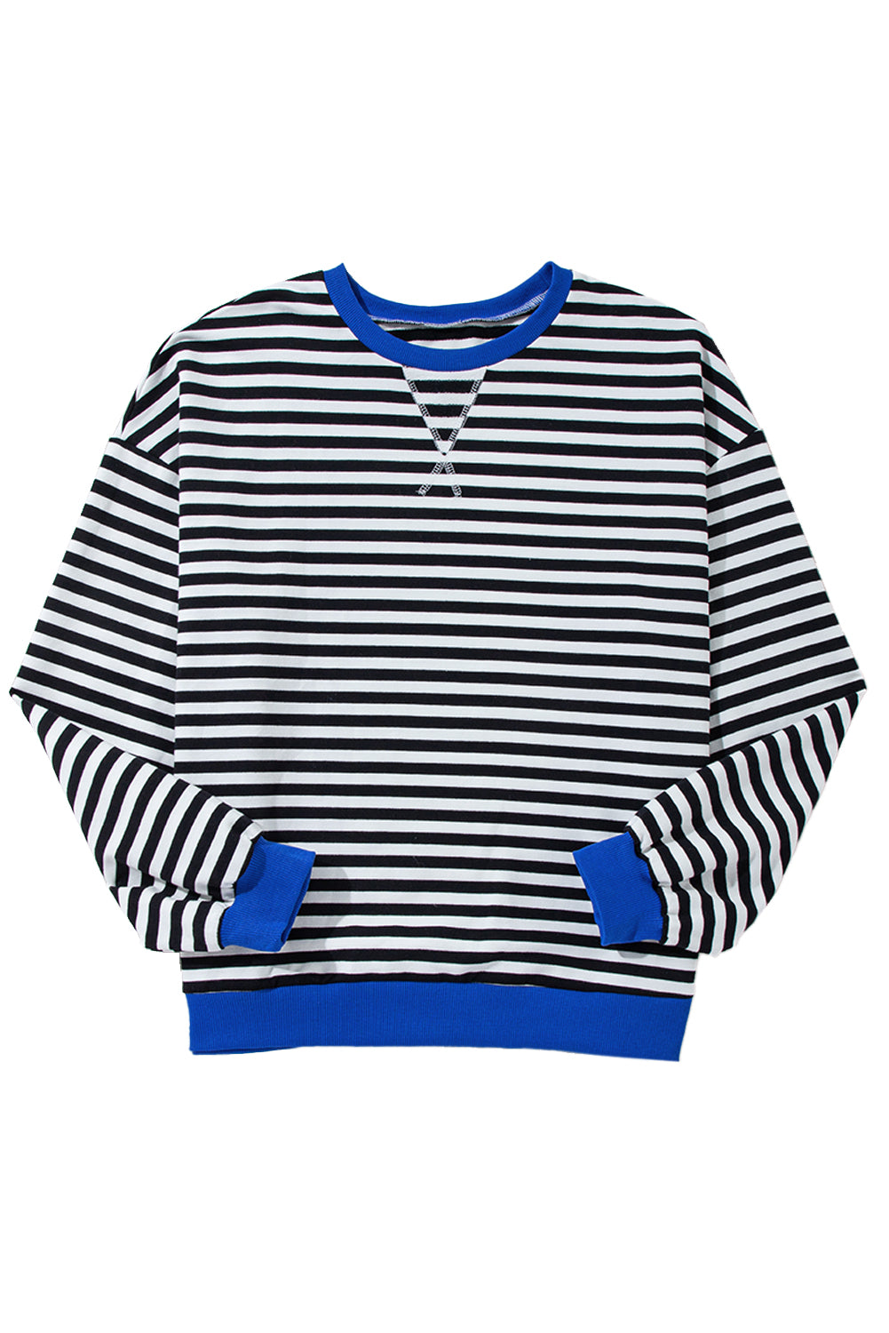 Blue Stripe Contrast Edge Cross Seam Oversized Pullover