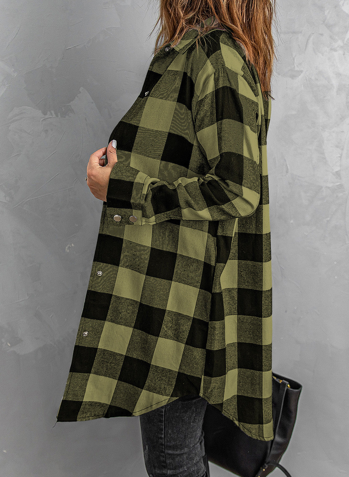 Green Turn-down Collar Plaid Shirt Coat