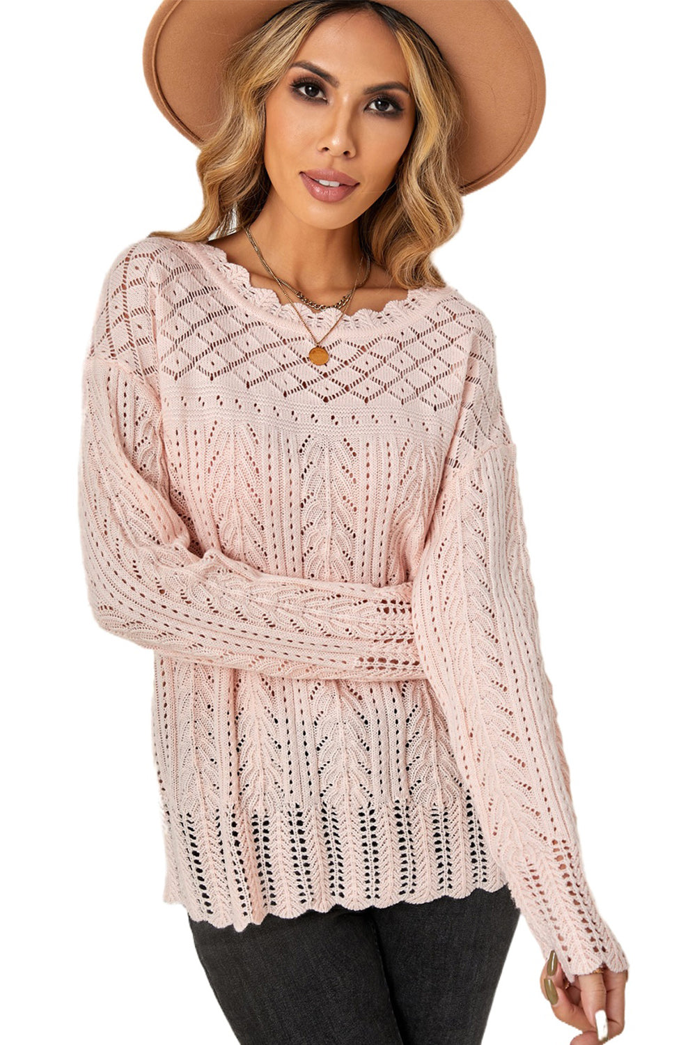 Pink Solid Casual Drop Shoulder Knit Sweater