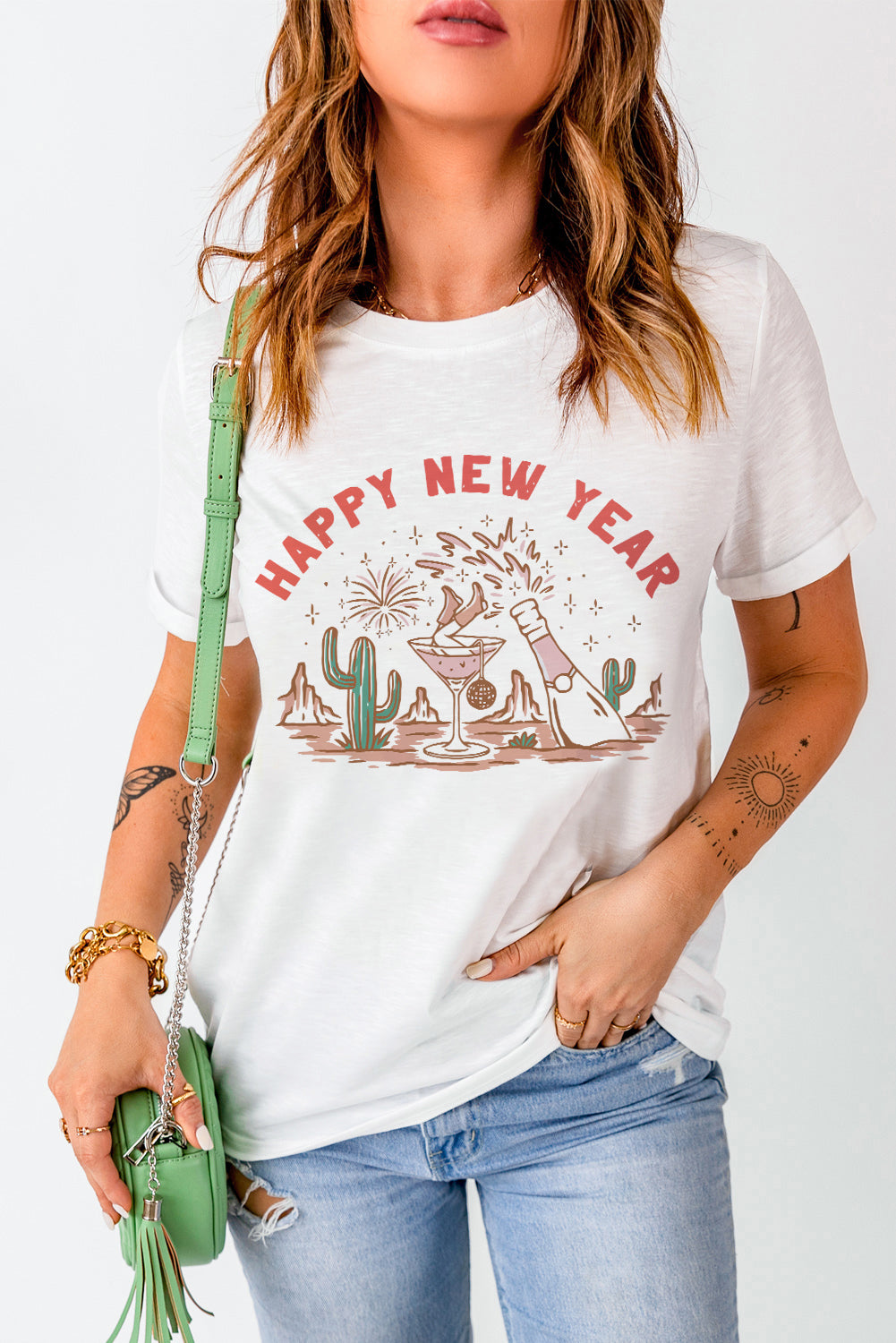 White HAPPY NEW YEAR Letter Graphic Crewneck Tee