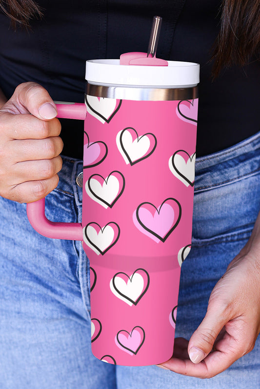 Rose Red Valentines Heart Printed Thermos Cup with Handle 40oz