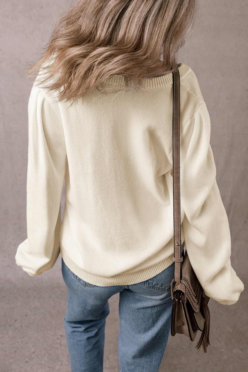 Apricot Pleated Sleeve Hollow Detail Button Sweater Cardigan