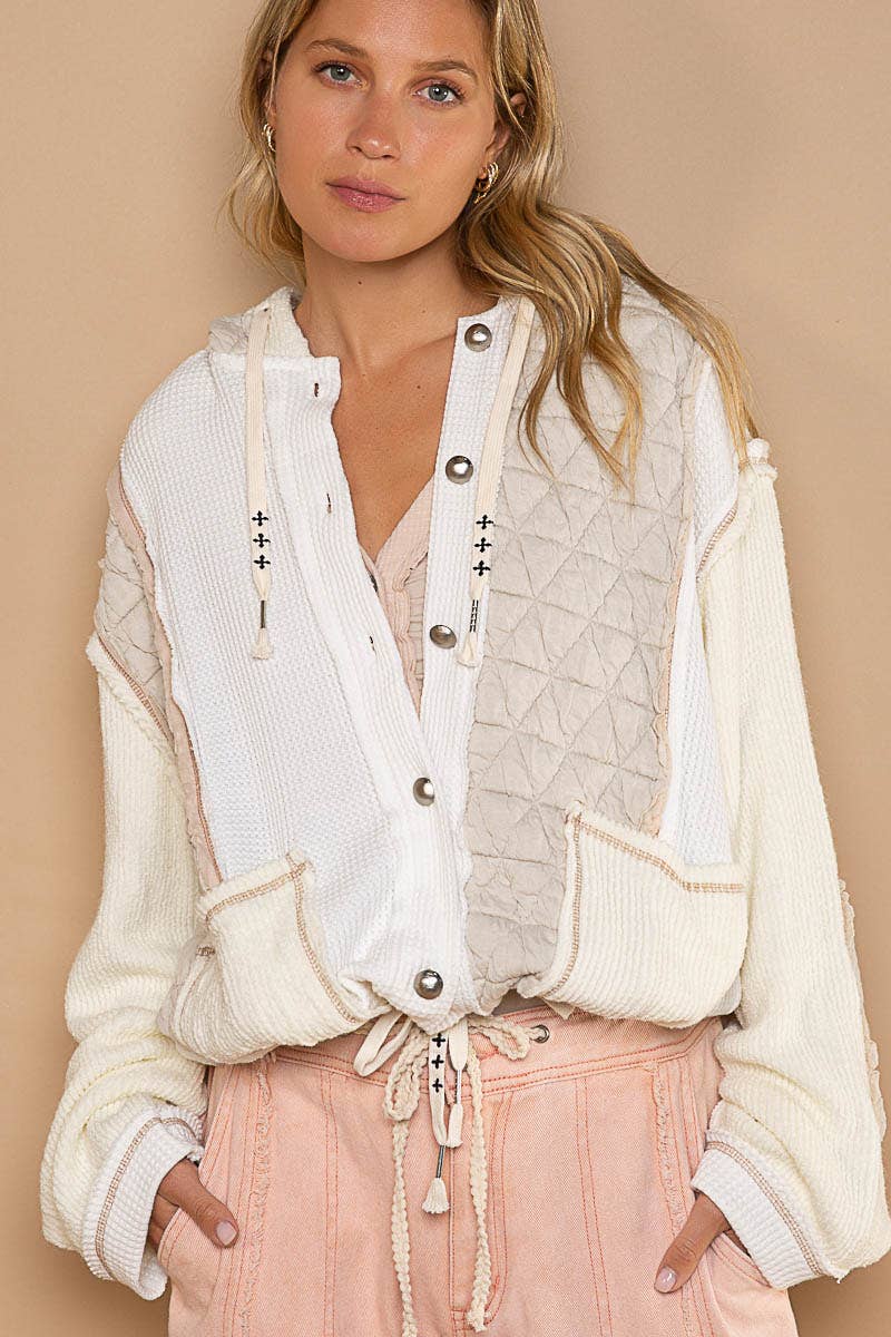 You had me at cozy multi fabric hooded button down combo shacket