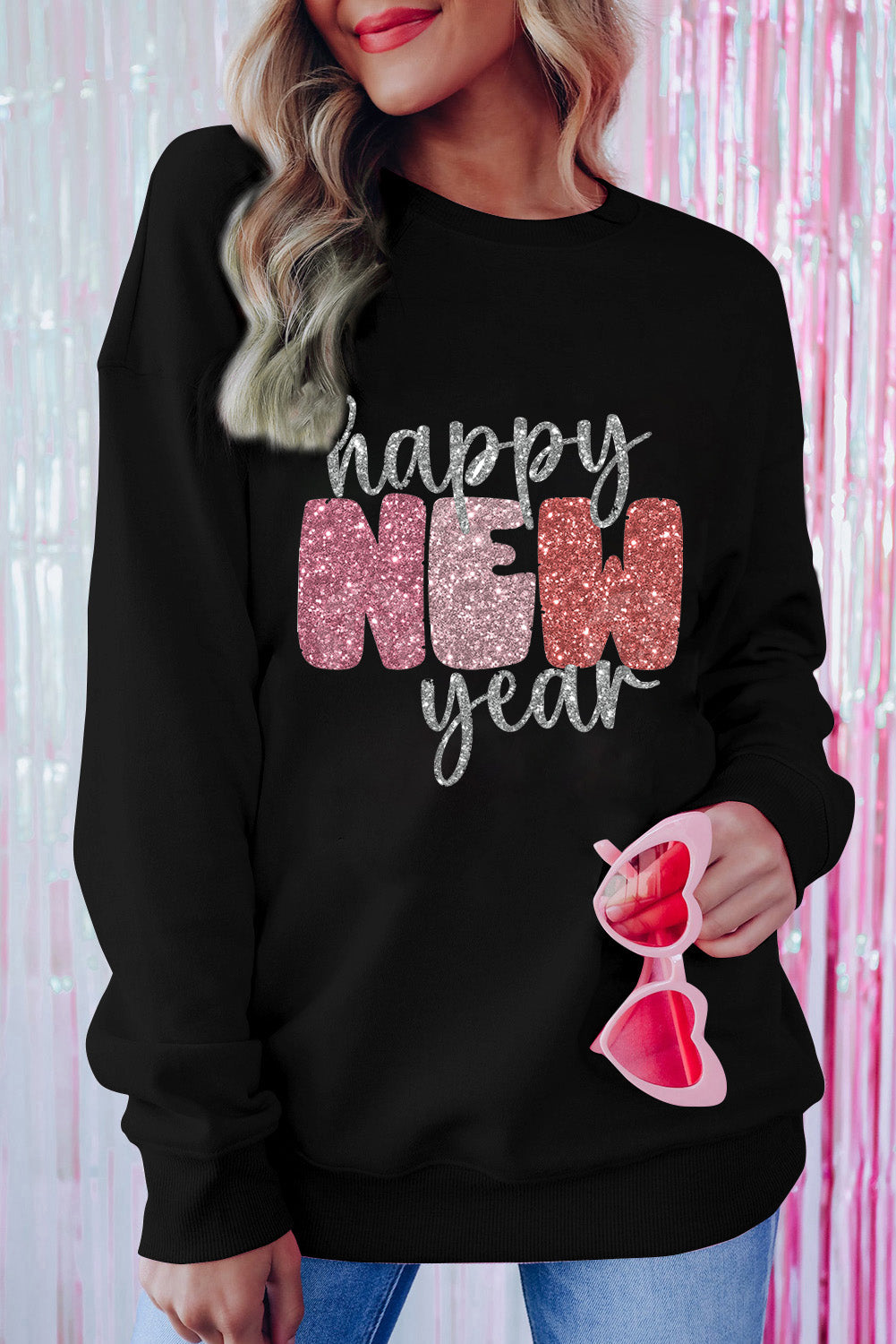 Black Happy New Year Graphic Sweatshirt