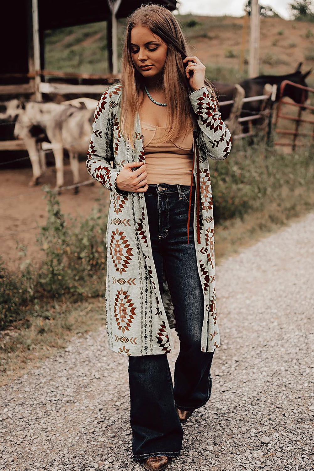 Sky Blue Western Aztec Printed Open Front Long Cardigan