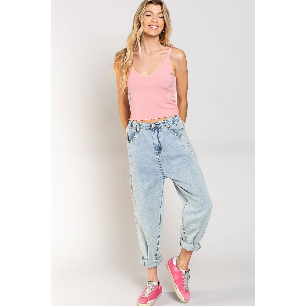 POL Lettuce Hem Adjustable Strap Ribbed Crop Tank Top