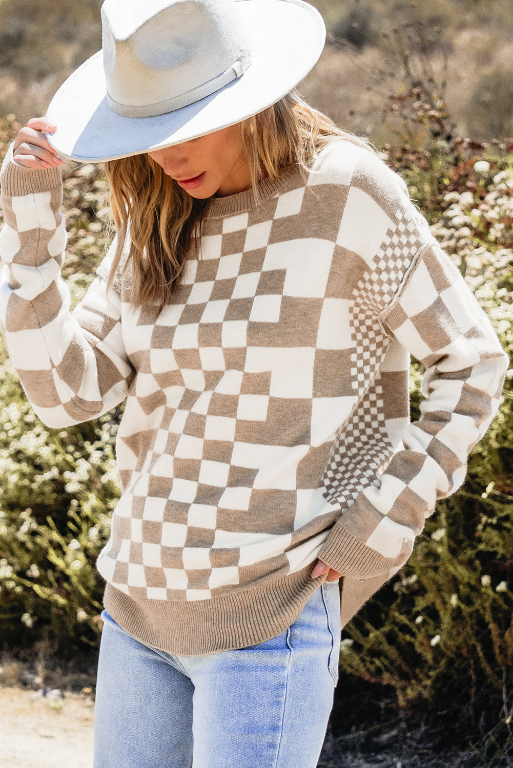 Khaki Checkered Drop Shoulder Round Neck Sweater