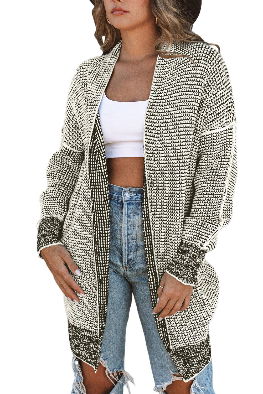 Rose Plaid Contrast Trim Casual Knit Long Cardigan