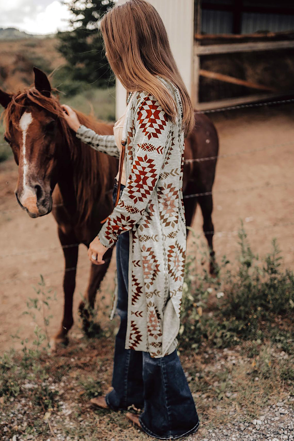 Sky Blue Western Aztec Printed Open Front Long Cardigan