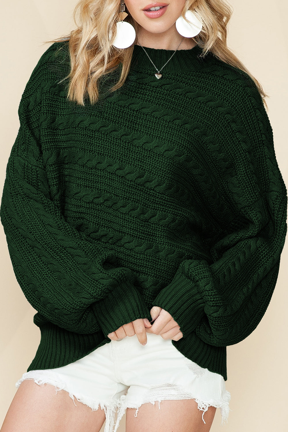 Blackish Green Mock Neck Lantern Sleeve Cable Knit Sweater