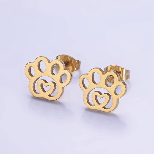 Stainless Steel Heart Animal Paw Print Stud Earrings