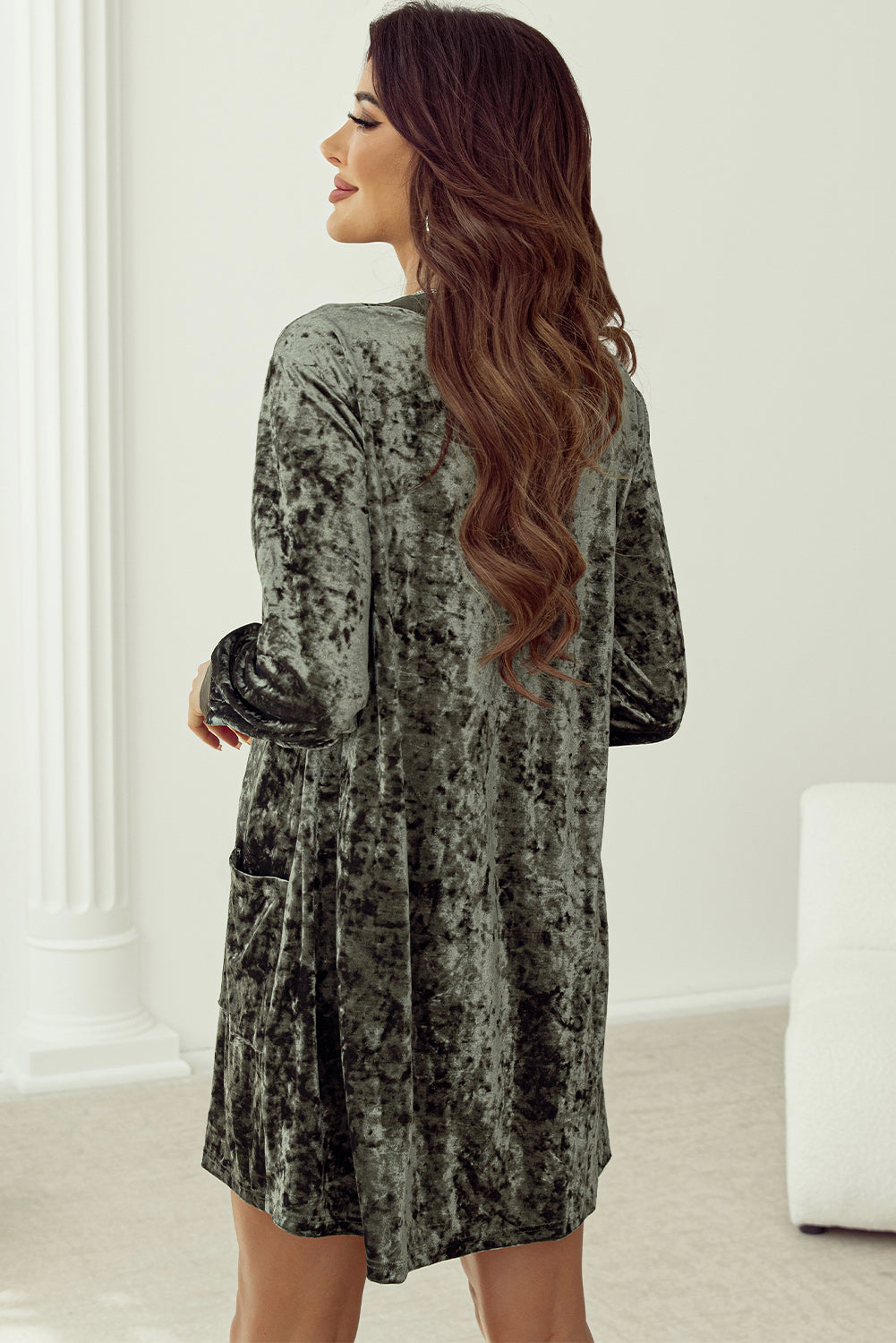 Jungle Green V Neck Pockets Loose Velvet Dress