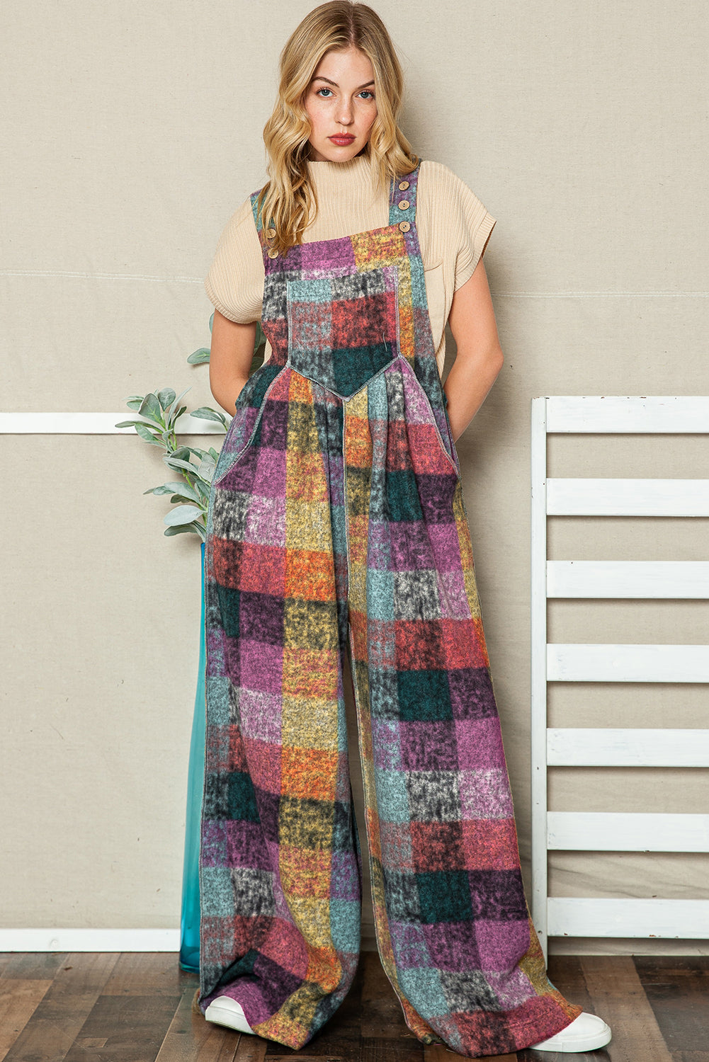 Multicolor Brushed Checked Pockets Pleated Wide Leg Overall