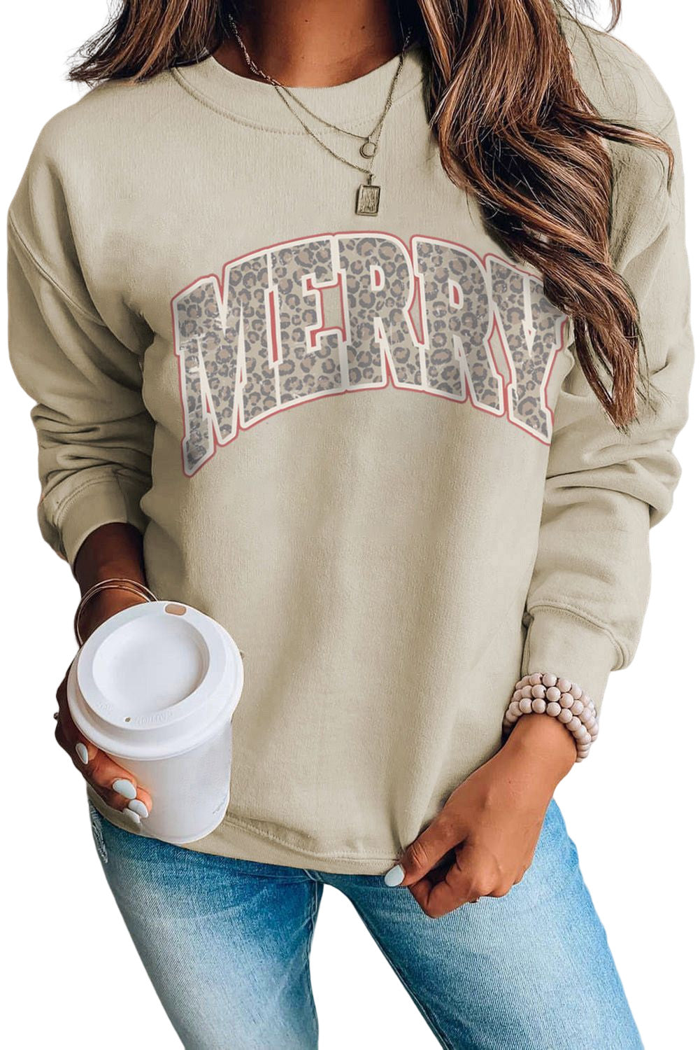 Khaki Leopard Letter Christmas Graphic Sweatshirt