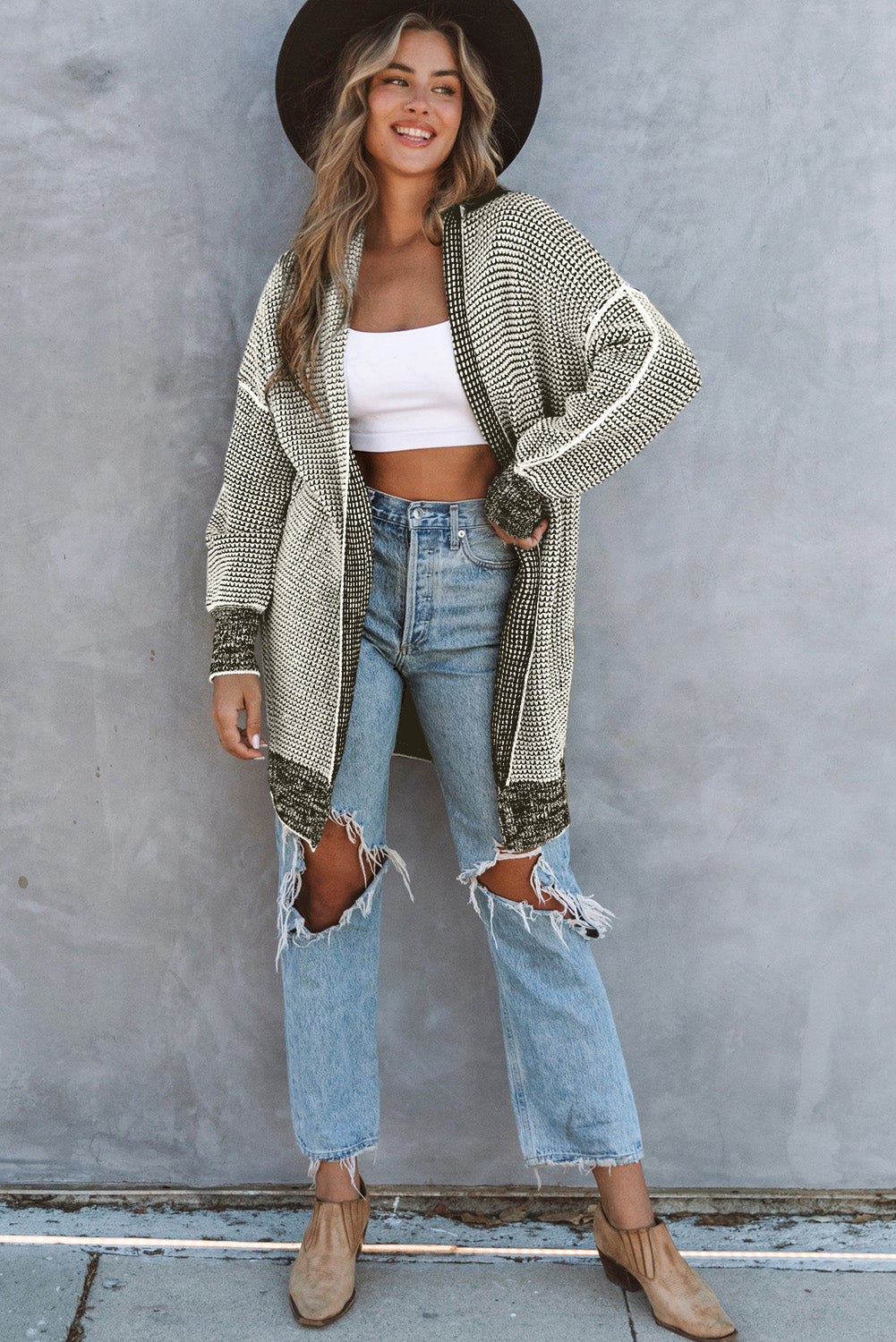 Rose Plaid Contrast Trim Casual Knit Long Cardigan