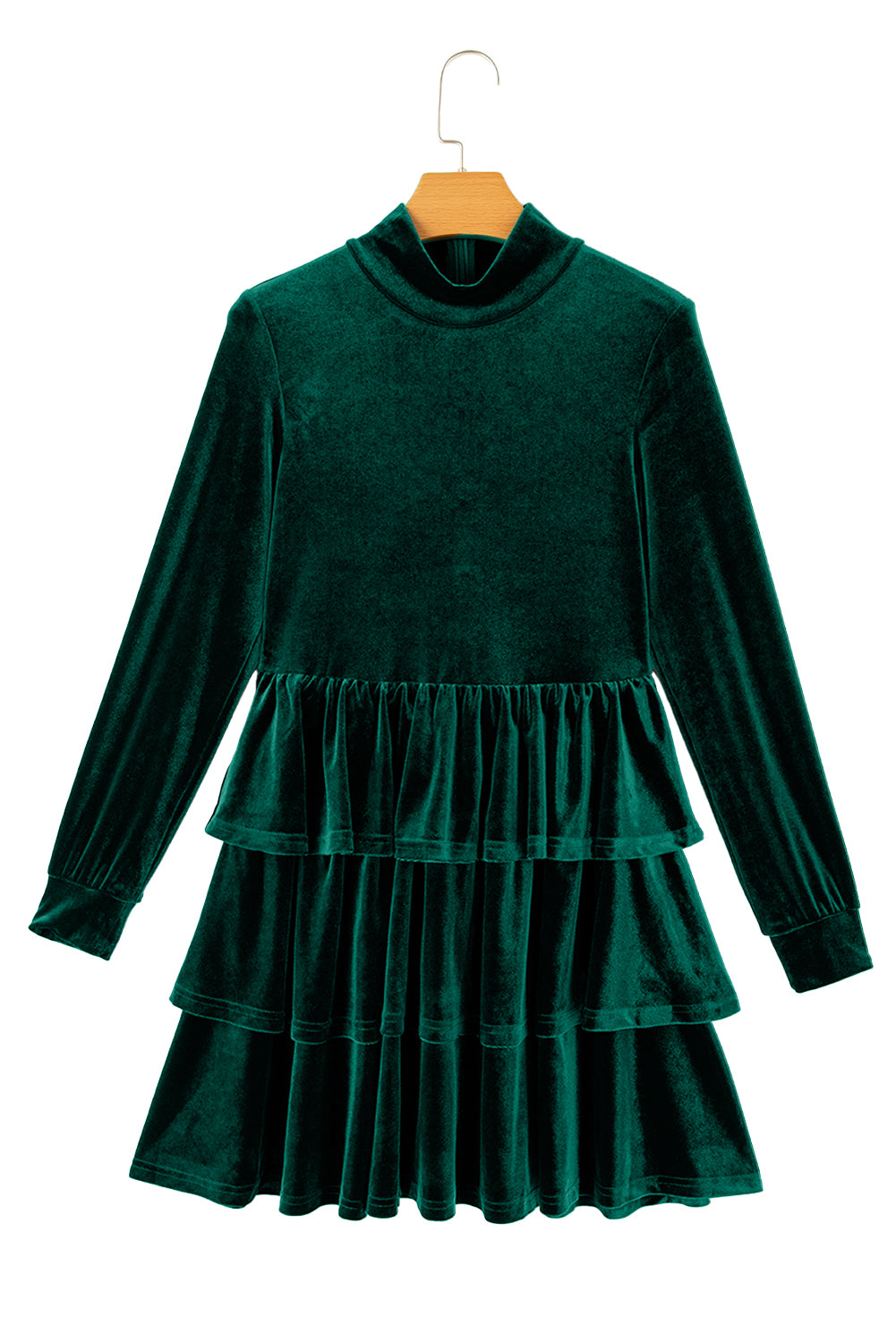 Evergreen Velvet High Neck Tiered Ruffle Mini Dress