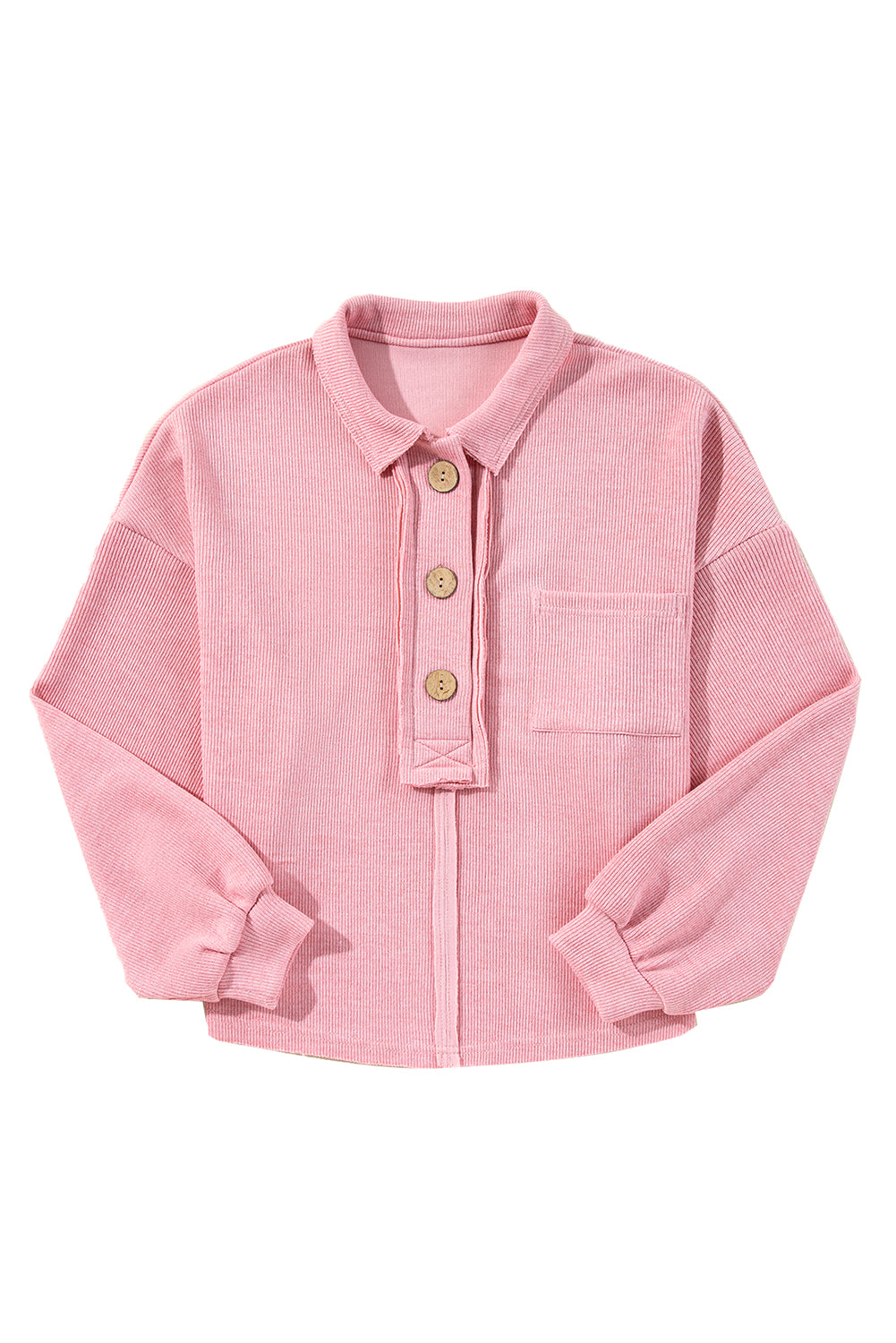 Pink Chest Pocket Ribbed Collared Henley Top