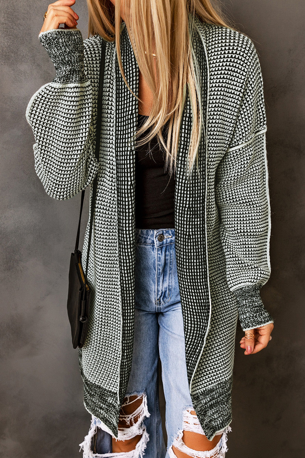 Rose Plaid Contrast Trim Casual Knit Long Cardigan