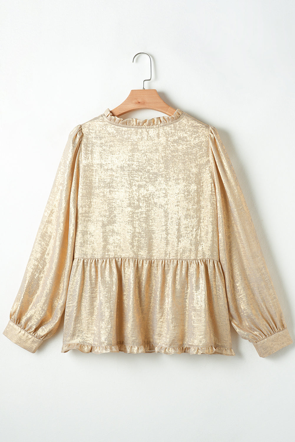 Gold Metallic Velvet Frill V Neck Puff Sleeve Babydoll Blouse