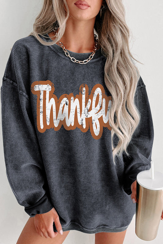 Gray Thankful Drop Shoulder Corded Graphic Thanksgiving Sweatshirt