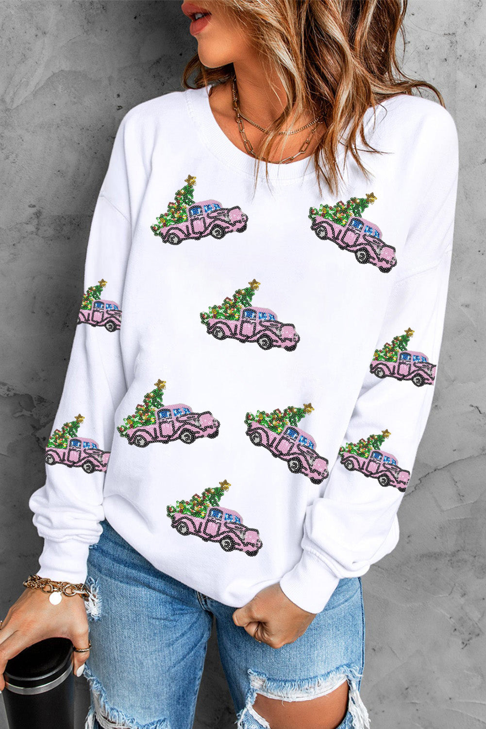 Beige Sequins A Truck of Christmas Tree Graphic Sweatshirt