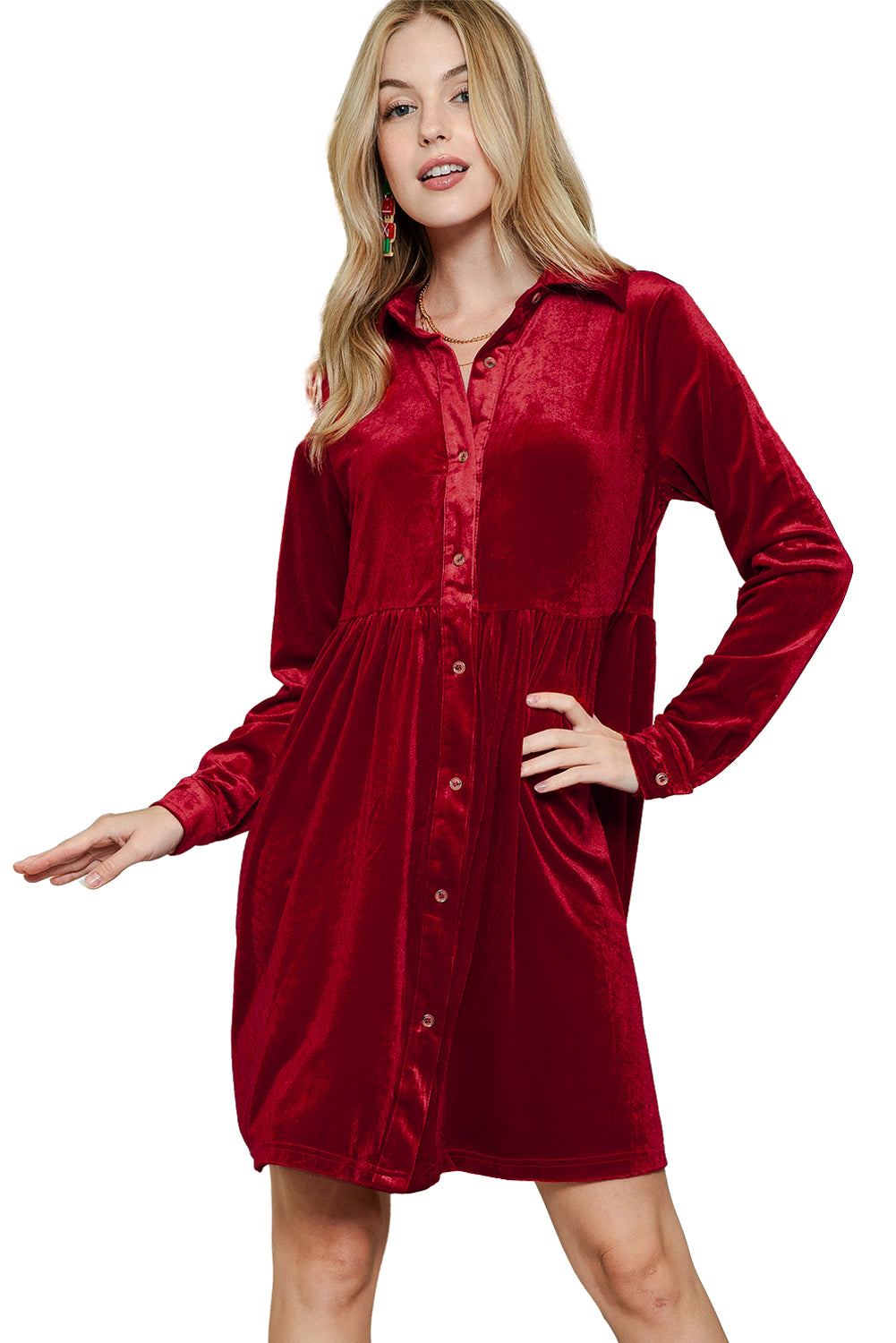 Red Long Sleeve Ruffle Velvet Button Up Shirt Dress