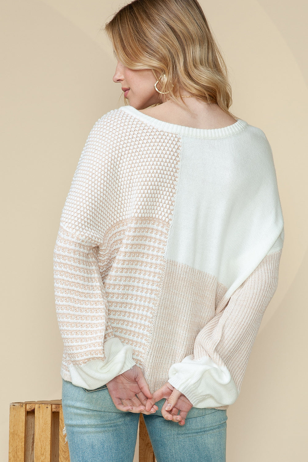 Oatmeal Mixed Pattern Knit Drop Shoulder Reversible Sweater