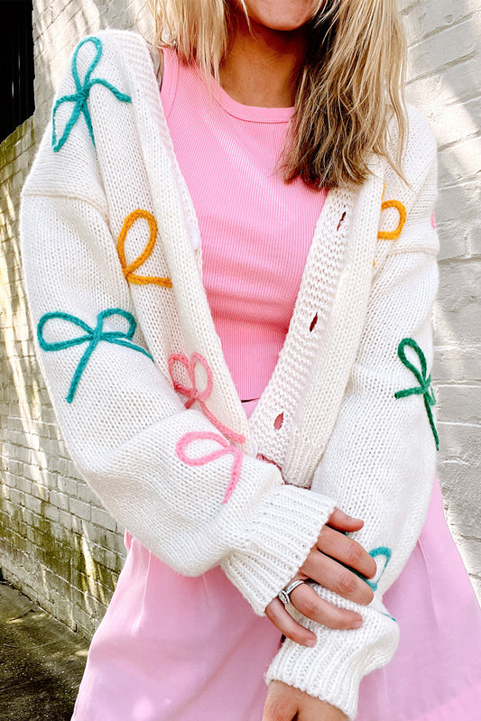 White Bow Detail Drop Sleeve Cropped Cardigan