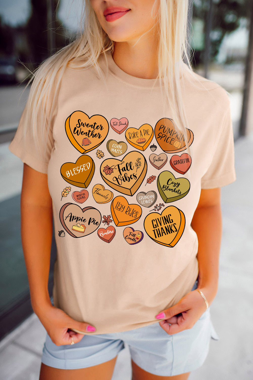 Khaki Thanksgiving Candy Heart Letter Graphic Round Neck Tee