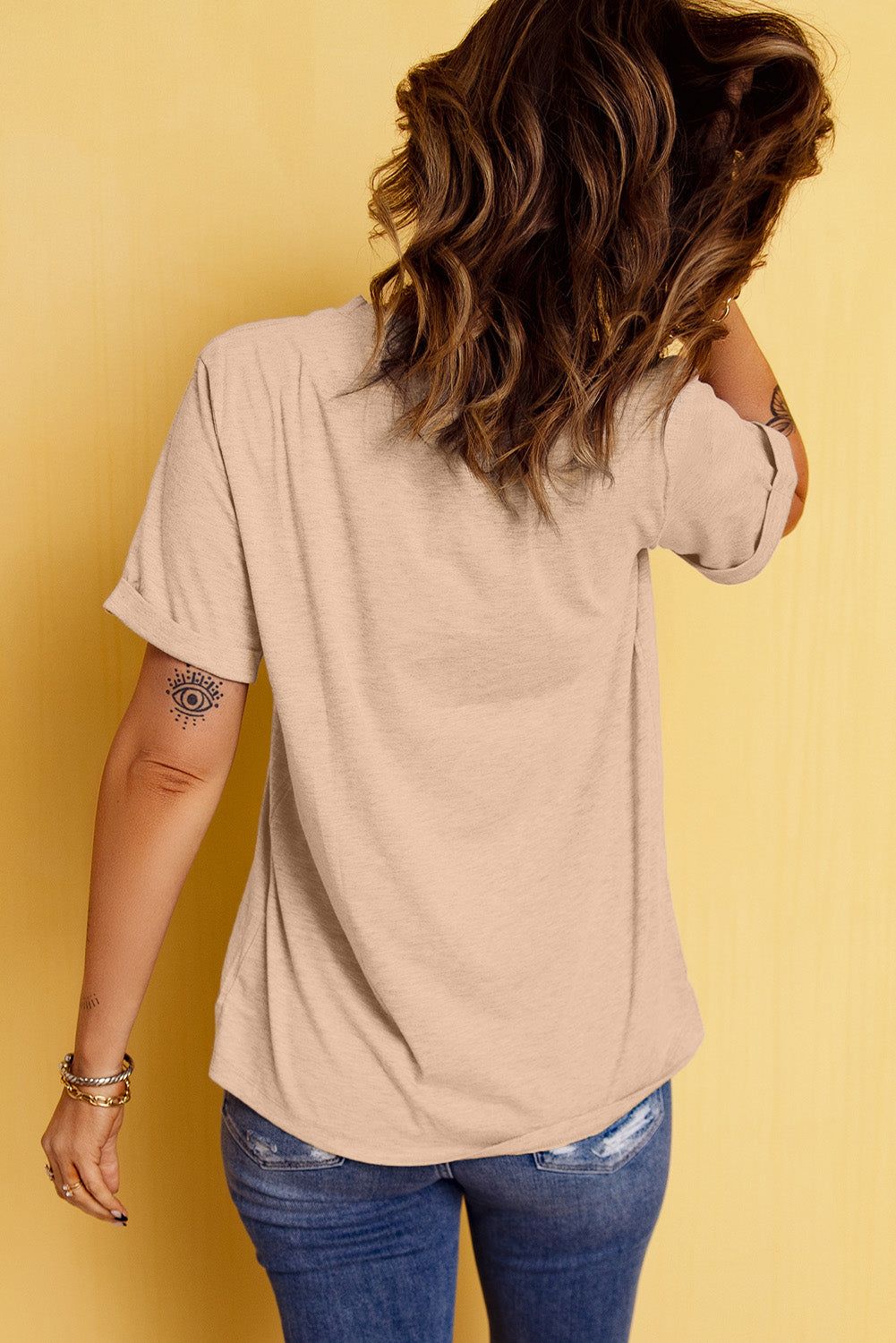 Khaki Bowknot Graphic Round Neck Rull Up Sleeve Tee