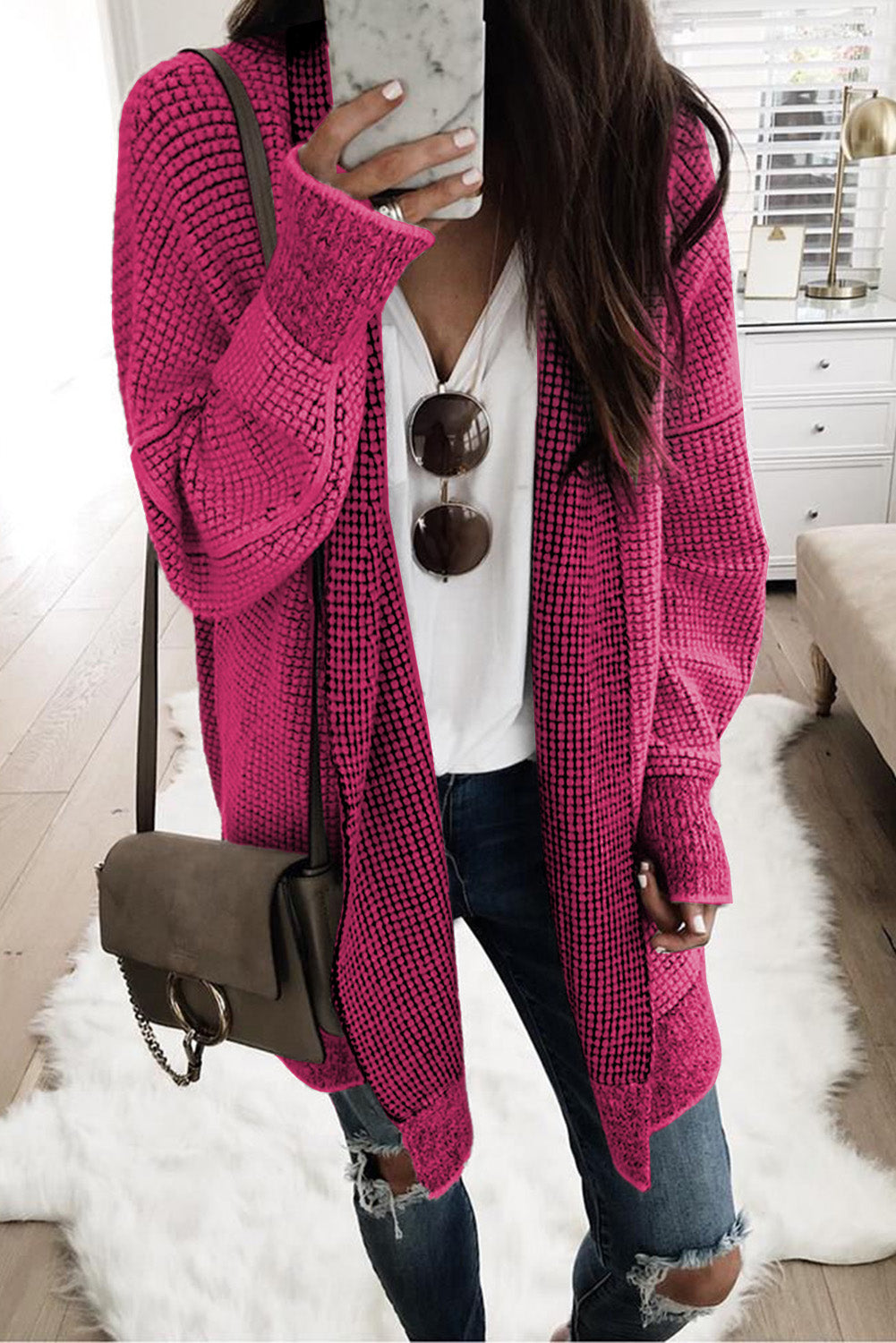 Rose Plaid Contrast Trim Casual Knit Long Cardigan